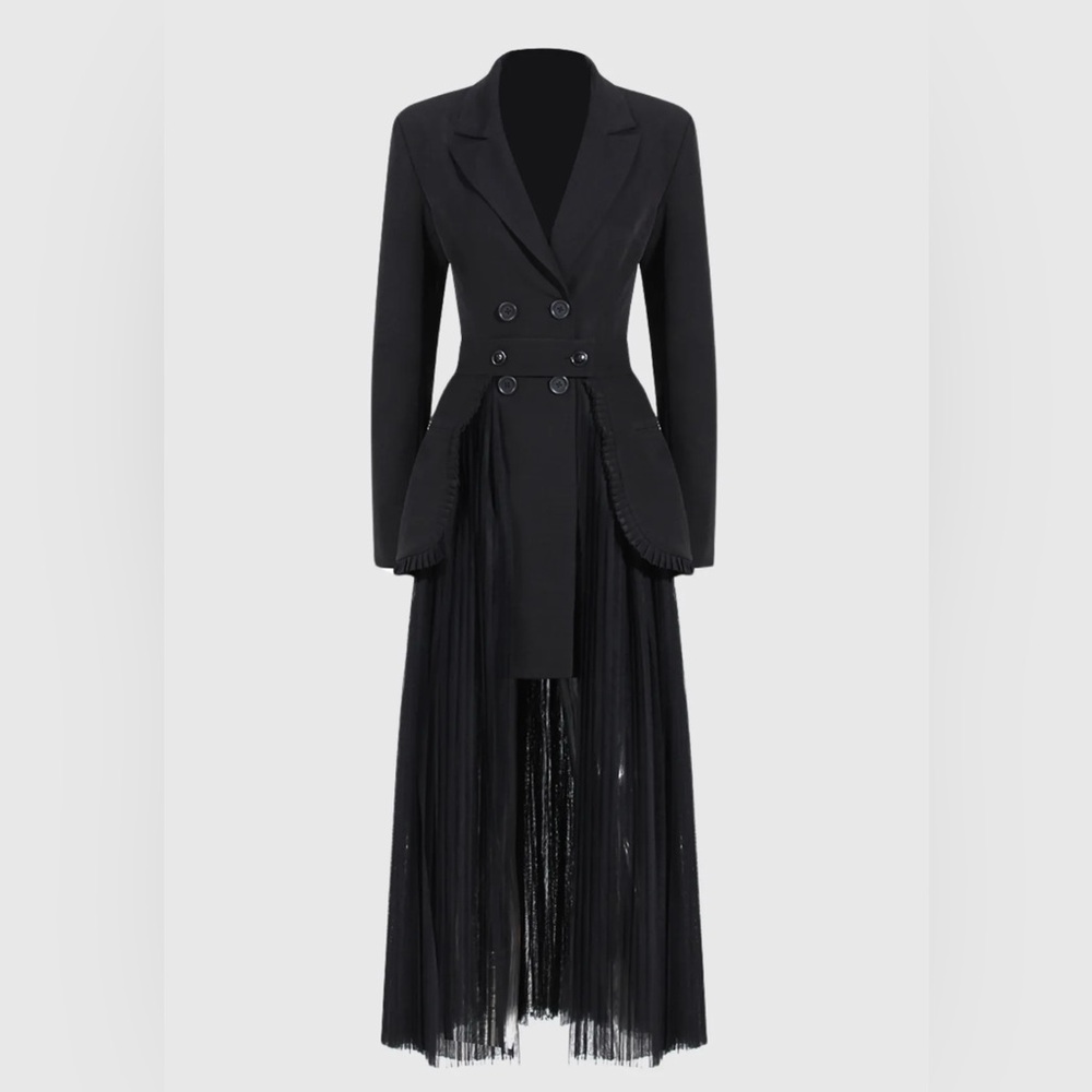 Black Double-Breasted Women's BLAZER Dress/sheer pleated midi Skirt size L NWT